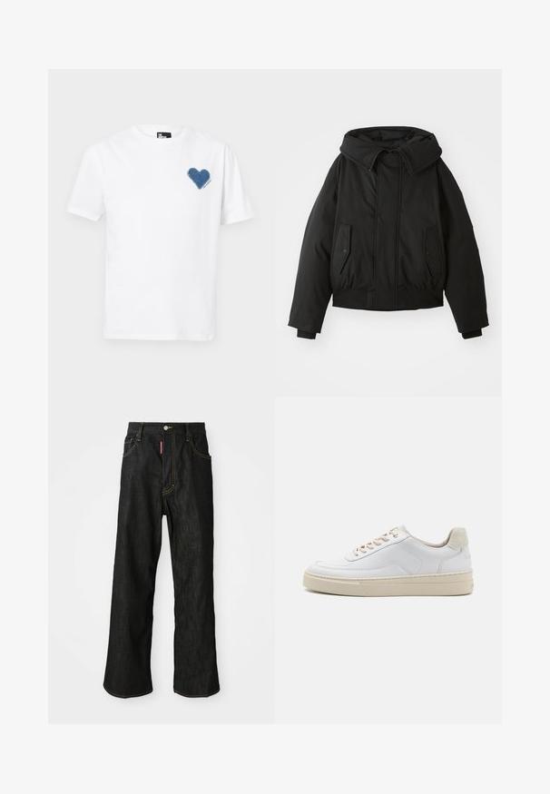Giacca nera imbottita con colletto alto, chiusura con zip, tasche laterali doppie, polsini elasticizzati e orlo corto. Texture liscia e opaca.; T-shirt in cotone bianco con applicazione a forma di cuore in denim blu sul lato sinistro del petto. Maniche corte e scollo girocollo classico.; Jeans neri a gamba dritta con cuciture gialle, design a cinque tasche, chiusura con bottone e un piccolo etichetta rossa sulla tasca anteriore destra.; Sneaker bianco con tomaia in pelle liscia, lacci beige e linguetta sul tallone in suede beige testurizzato. Suola rialzata per un maggiore slancio.
