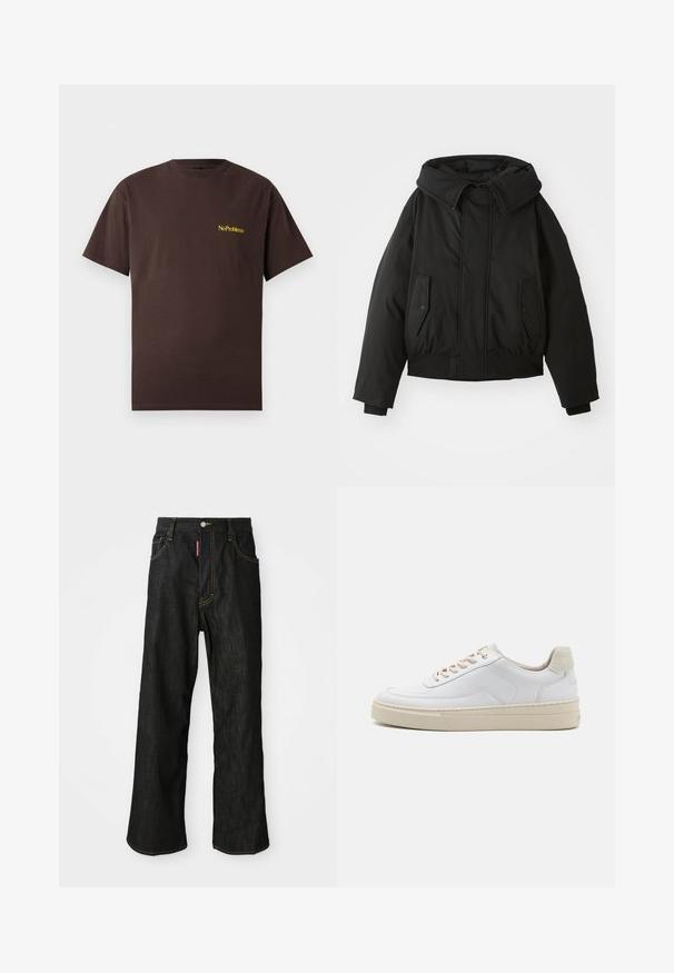 Mustaa toppatakki korkealla kauluksella, vetoketjukiinnitys, kaksinkertaiset sivutaskut, joustavat hihansuut ja lyhennetty helma. Sujuva, matteinen pinta.; No Problemo MINI TEE - T-paita - brown; Mustat suorat farkut, joissa on keltaista ommeltua, viiden taskun muotoilu, napituskiinnitys ja pieni punainen etiketti etuosan oikeassa taskussa.; Valkoiset sneakerit, joissa on sileä nahkapinta, beige nauhat ja teksturoitu beige mokkanahkakanta. Kohotettu pohja lisää korkeutta.
