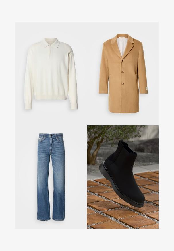 Beige Wollmantel mit Reverskragen, einreihiger Front, drei Knöpfen und seitlichen Taschen. Glatte Textur und mittellanges Design.; Weißer, langärmeliger Polo-Sweater aus weichem Material, mit klassischem Kragen, Knopfleiste und gerippten Bündchen sowie Saum.; Blaue Denim-Jeans mit geradem Bein, hoher Taille und dezenten Ausbleichungen. Sie verfügen über einen Knopf- und Reißverschluss sowie ein klassisches Fünf-Taschen-Design.; Schwarze Knöchelstiefel aus glattem Material mit subtilen Nähten, einer Gummisohle und einem eleganten Design, platziert auf einer Oberfläche mit Holzstruktur.