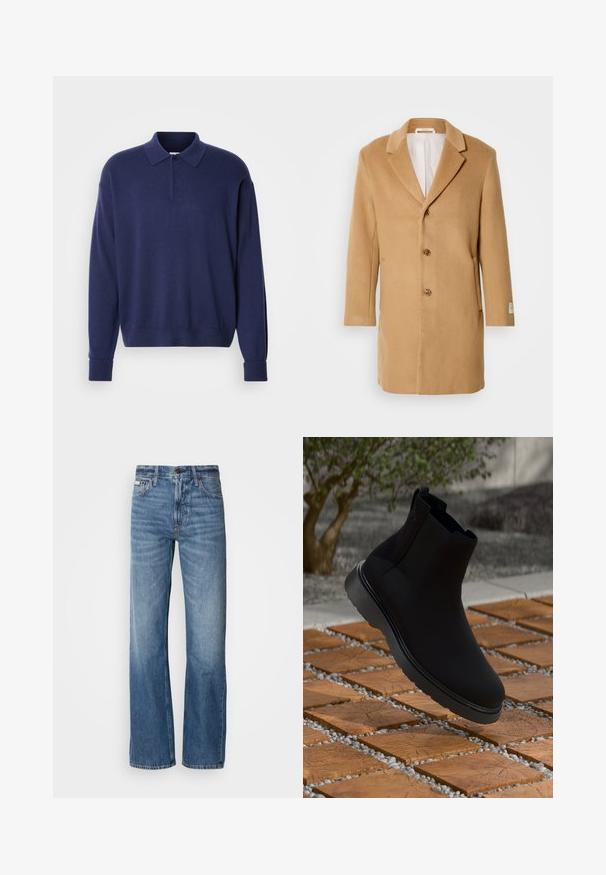 Barna gyapjú kabát, kivágott gallérral, egygombos elülső résszel, három gombbal és oldalsó zsebekkel. Simább textúrájú, közepes hosszúságú kialakítás.; Sötétkék pulóver, gallérral, hosszú ujjakkal és bordázott mandzsettákkal. Puha tapintású, laza fazonú, háromgombos záródással.; Kék farmernadrág egyenes szabással, magas derékkal és enyhe fakózással. Gombos és cipzáras záródással, valamint klasszikus öt zsebes kialakítással rendelkezik.; Fekete bokacsizma sima anyagból, diszkrét varrásokkal, gumi talppal és letisztult dizájnnal, egy fa hatású felület felett elhelyezve.