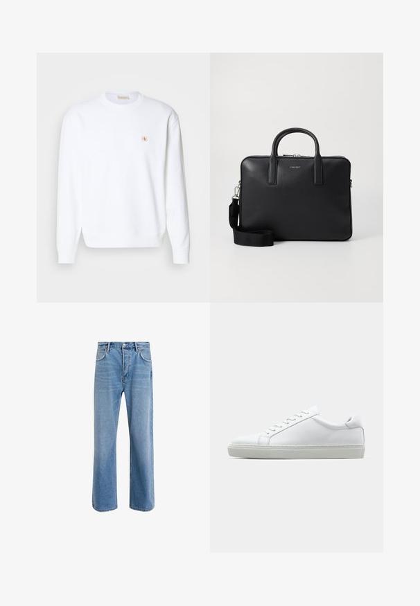 Barna gyapjú kabát, kivágott gallérral, egygombos elülső résszel, három gombbal és oldalsó zsebekkel. Simább textúrájú, közepes hosszúságú kialakítás.; Fehér pulóver hosszú ujjakkal, kerek nyakkal és bordázott hüvelykujjakkal. Bal mellen egy kis piros és bézs logó található. Sima textúrájú.; Kék farmer hosszú ujjú ing gombos gallérral, mellzsebbel és kontrasztos varrással. Az anyag textúrája sima, laza stílussal.; Világoskék farmernadrág, egyenes szárú fazonnal, öt zsebbel, gombos záródással, minimális kopással és kontrasztos varrással.; Fehér sportcipő sima bőr felső résszel és alacsony profilsal. Kerek orr, hat fűzőlyuk és barázdált gumitalp jellemzi.; Fekete bőr aktatáska strukturált felülettel, kettős fogantyúval, levehető vállpánttal és elülső logóval. Cipzáras záródás.