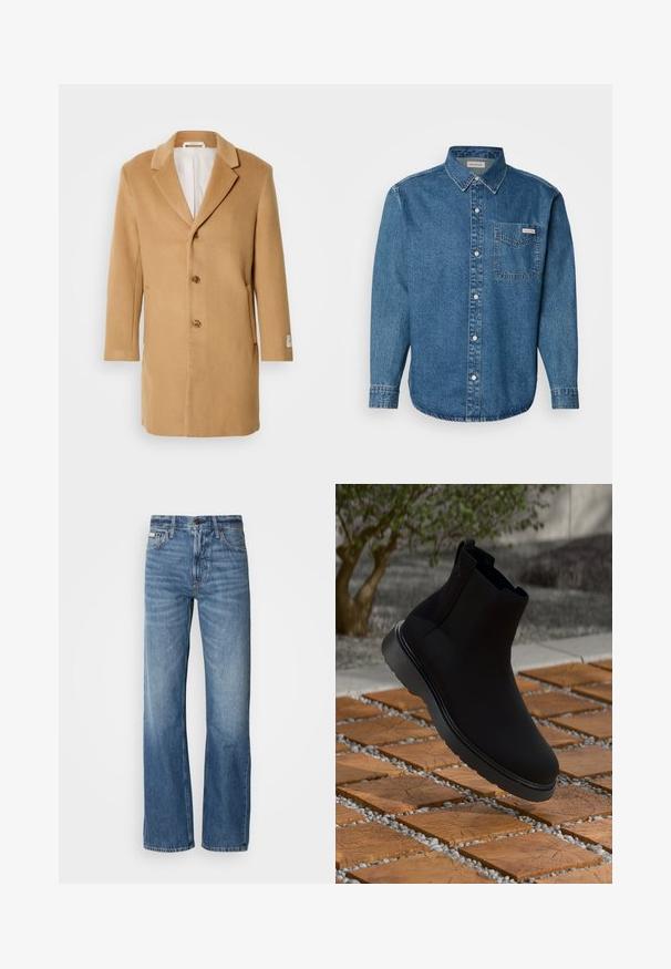 Smėlio spalvos vilnonis paltas su notch tipo atlapais, vieno mygtuko priekyje, trimis mygtukais ir šoninėmis kišenėmis. Lygus paviršius ir vidutinio ilgio dizainas.; Mėlynas džinsinis marškiniai su ilgomis rankovėmis, mygtukų susegimu, krūtinės kišeniu ir kontrastingomis siūlėmis. Audinio tekstūra lygi, turinti kasdienio stiliaus.; Mėlyni džinsai su tiesiomis kojomis, aukštu liemeniu ir subtiliu nudilimu. Su mygtuko ir užtrauktuko uždarymu, tradiciniu penkių kišenių dizainu.; Juodos kulkšnės botai, pagaminti iš lygaus medžiagos, su subtiliu siuvimu, guminėmis padangomis ir elegantišku dizainu, padėti ant medžio tekstūros paviršiaus.