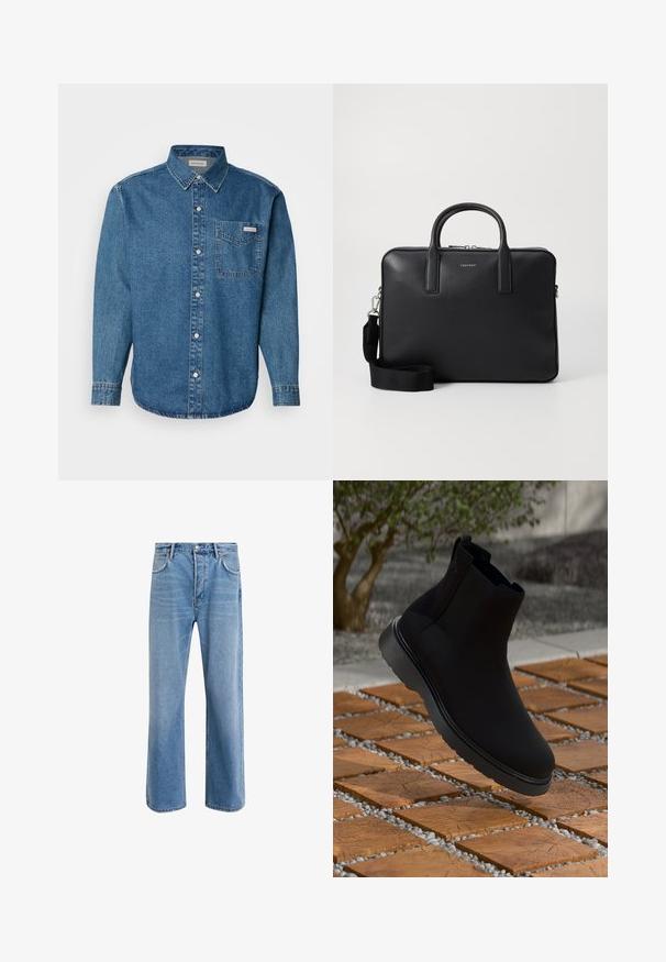 Barna gyapjú kabát, kivágott gallérral, egygombos elülső résszel, három gombbal és oldalsó zsebekkel. Simább textúrájú, közepes hosszúságú kialakítás.; Kék farmer hosszú ujjú ing gombos gallérral, mellzsebbel és kontrasztos varrással. Az anyag textúrája sima, laza stílussal.; Világoskék farmernadrág, egyenes szárú fazonnal, öt zsebbel, gombos záródással, minimális kopással és kontrasztos varrással.; Fekete bokacsizma sima anyagból, diszkrét varrásokkal, gumi talppal és letisztult dizájnnal, egy fa hatású felület felett elhelyezve.; Fekete bőr aktatáska strukturált felülettel, kettős fogantyúval, levehető vállpánttal és elülső logóval. Cipzáras záródás.