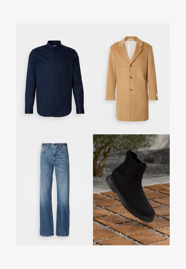 Peščena volnena bunda z izrezanim ovratnikom, enojnim zapenjanjem, tremi gumbi in stranskimi žepi. Gladka tekstura in oblačilo srednje dolžine.; Tamarno modri dolg rokav srajc, izdelan iz gladkega blaga, ki vsebuje zapenjanje spredaj, koničast ovratnik in manšete z diskretno logotipom na prsih.; Modre traperice z ravnim krojem, visokim pasom in diskretnim bledenjem. Vključujejo zapiranje na gumb in zadrgo ter klasičen dizajn s petimi žepi.; Črne gležnjarje iz gladkega materiala z diskretnim šivom, gumijastim podplatom in eleganten oblikovanjem, postavljene nad površino z lesno teksturo.