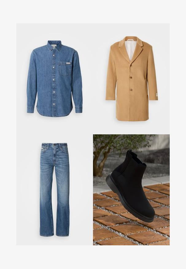 Palton din lână bej, cu revere tăiate, față butonată cu un singur rând de nasturi, trei nasturi și buzunare laterale. Textură netedă și design de lungime medie.; Cămașă din denim de un albastru mediu, cu guler tip button-down, mâneci lungi, buzunar frontal și nasturi albi. Dispune de un tiv ușor curbat.; Jeans din denim albastru cu o croială dreaptă, talie înaltă și o decolorare subtilă. Include închidere cu nasture și fermoar, precum și un design clasic cu cinci buzunare.; Botină neagră până la gleznă, realizată dintr-un material neted, cu cusături subtile, talpă din cauciuc și un design elegant, așezată deasupra unei suprafețe cu textură de lemn.