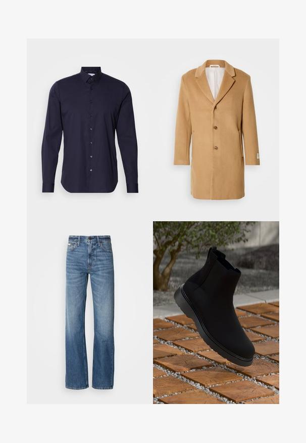 Palton din lână bej, cu revere tăiate, față butonată cu un singur rând de nasturi, trei nasturi și buzunare laterale. Textură netedă și design de lungime medie.; Cămașă albastră cu butoni, mâneci lungi, guler clasic și un design slim fit. Confecționată dintr-un material neted, cu un logo subtil pe piept.; Jeans din denim albastru cu o croială dreaptă, talie înaltă și o decolorare subtilă. Include închidere cu nasture și fermoar, precum și un design clasic cu cinci buzunare.; Botină neagră până la gleznă, realizată dintr-un material neted, cu cusături subtile, talpă din cauciuc și un design elegant, așezată deasupra unei suprafețe cu textură de lemn.