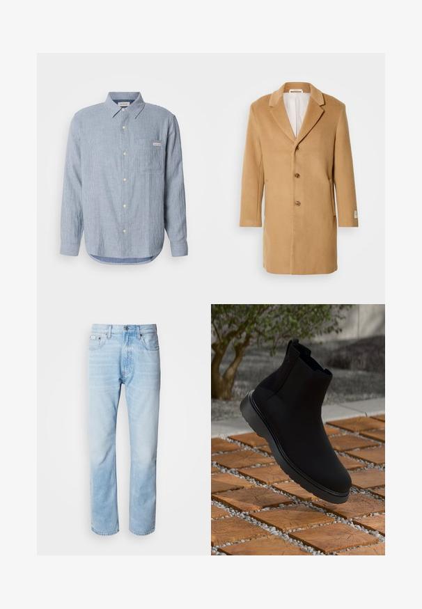 Brūns vilnas mētelis ar iegrieztiem klājiem, vienas rindas aizdari, trīs pogām un sānu kabatām. Gluda tekstūra un vidēja garuma dizains.; Gaiši zils svītrains pogājamais krekls, kokvilnas audums, garas piedurknes, norādīta apkakle, vienkārša krūšu kabata un logo birkas detaļa.; Gaiši zili denima džinsi ar taisnu kāju griezumu, ar izbalējušām sekcijām, piecu kabatu dizainu un klasisko pogu aizdari.; Melna potīte, kas izgatavota no gludas materiāla ar smalku šuvju, gumijas zoli un elegantu dizainu, novietota virs koka tekstūras virsmas.