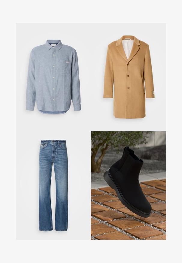 Vaalea villa takki, jossa on leikattu kaulus, yksirivinen etuosa, kolme nappia ja sivutaskut. Pehmeä rakenne ja keskikokoinen malli.; Vaaleansininen raidallinen nappipaita, puuvillakangasta, pitkät hihat, terävä kauluksen, yksi rintatasku ja logonäytteen yksityiskohta.; Siniset farkut suoralla lahkeella, korkealla vyötäröllä ja hienolla haalistumisella. Mukana napin ja vetoketjun sulku, sekä klassinen viiden taskun muotoilu.; Musta nilkkuri, joka on valmistettu sileästä materiaalista, hienovaraista tikkausta, kumipohjaa ja tyylikästä muotoilua, sijoitettuna puuparvisen pinnan päälle.