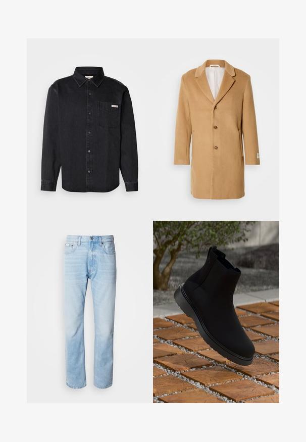 Cappotto di lana beige con rever a doppio taglio, chiusura a un solo bottone, tre bottoni e tasche laterali. Tessuto liscio e design di lunghezza media.; Camicia in denim nero con colletto a punta, maniche lunghe, tasca sul petto e una piccola etichetta del marchio sulla tasca.; Jeans in denim blu chiaro con taglio dritto, caratterizzati da sezioni sbiadite, design a cinque tasche e iconico bottone di chiusura.; Stivale alla caviglia nero realizzato in materiale liscio con cuciture sottili, una suola in gomma e un design elegante, posizionato sopra una superficie dalla texture legnosa.