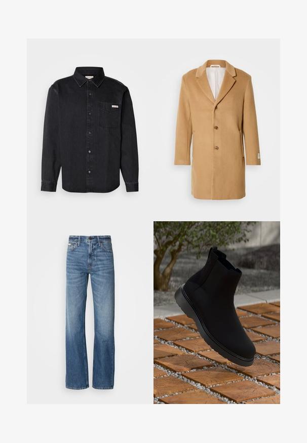 Hnědý vlněný kabát s klopovým límcem, jednoduše zapínací vpředu, třemi knoflíky a postranními kapsami. Hladká textura a středně dlouhý střih.; Černá džínová košile na knoflíky s špičatým límcem, dlouhými rukávy, jednou náprsní kapsou a malou značkovou nálepkou na kapse.; Modré džíny z denimu s rovnou nohavicí, vysokým pasem a jemným vyblednutím. Obsahují zapínání na knoflík a zip, a klasický pětikapsový design.; Černé kotníkové boty vyrobené z hladkého materiálu s jemným prošíváním, gumovou podrážkou a elegantním designem, umístěné na povrchu s dřevěnou texturou.