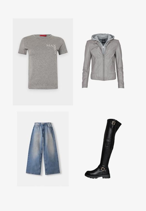 Grijze leren jas met een ritssluiting aan de voorkant en een capuchon. Bevat verticale stiksels, twee zijzakken en een gladde, gestructureerde afwerking.; Grijze katoenen t-shirt met een ronde hals, korte mouwen, met een wit logo "MAX&Co." in diagonale lettertype aan de linkerkant.; Brede blauwe denim jeans met hoge taille en vervaagde details, plat gelegd op een witte achtergrond.; Zwarte leren kniehoge laars met een dikke zool en twee gouden gespstraps, één bij de enkels en één aan de bovenkant.