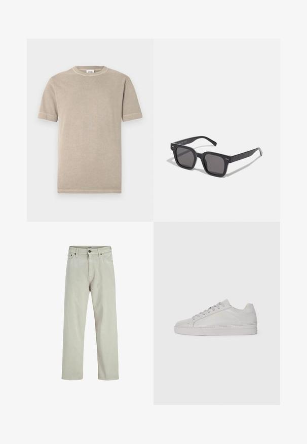 Sort oversized frakke med slagkrave, to knapper og trekvartærmer; lavet af struktureret stof med en glat indre foering.; Brun strikket cardigan med V-udskæring, ribbede manchetter og kant, samt fem store knapper ned langs fronten. Blød tekstur med en afslappet pasform.; Beige bomuld t-shirt med korte ærmer og rund halsudskæring. Har synlige syninger langs ærmerne og kanten. Enkel, glat tekstur.; Lyse beige denim jeans med lige ben, fem-lommer stil og knaplukning i taljen, med minimale syninger.; Lys grå lædersneaker med en glat tekstur, afrundet tå, flad gummisål og tonede snørebånd. Har minimal branding i guld.; Sorte rektangulære solbriller med mørke linser, der har en tyk ramme, subtile detaljer på siderne og uden synlige logoer udover mærkenavnet.; Person der holder en beige Adidas tote bag med mørkegrønne håndtag, iført lysegrå bukser og sorte sneakers på grøn gulv.