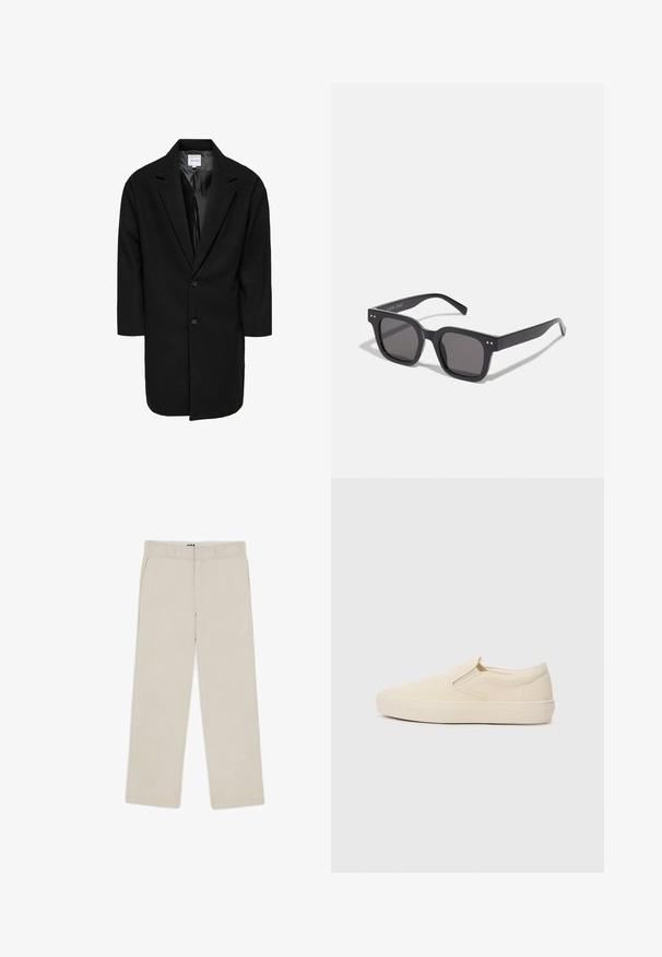 Cappotto nero oversize con revers a punta, due bottoni e maniche a tre quarti; realizzato in un tessuto testurizzato con una fodera interna liscia.; Felpa pullover grigia chiara con colletto alto, zip frontale a metà e polsini elastici. Tessuto morbido e vestibilità comoda.; Pantaloni beige a gamba larga con una texture liscia, dotati di passanti per cintura, due tasche anteriori e chiusura con zip. Design minimalista.; Scarpe slip-on beige in tela con suola in gomma. Presentano dettagli laterali elasticizzati e una texture liscia. Design semplice e arrotondato.; Occhiali da sole neri rettangolari con lenti scure, dotati di una montatura spessa, accenti sottili sui lati e senza loghi visibili oltre al nome del marchio.; Orologio in metallo con quadrante nero, numeri bianchi e display della data. Presenta un bracciale in acciaio inossidabile e una resistenza all'acqua di 100 metri.