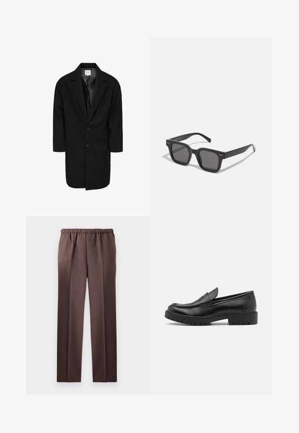 Must mustriga must coat, millel on lõigatud krae, kaks nuppu ja kolmveerand varrukad; valmistatud tekstuuriga kangast, millel on siledad voodrid.; Musta kõrge kaelusega kampsun, mis on valmistatud pehmest kudumist materjalist. Omab pikki varrukaid, soonikpitsiga kaela- ja alumist äärt. Lihtne ja sujuv disain ilma mustriteta.; Pruun ruuduline püksid mugava lõikega, elastse vöökoht ja sile tekstuur. Omab sirgeid jalgu ja peent ruudustikku.; Mustad musta nahast loafers, ümmarguse toe, libisemisega disain ja paks kummist tald, millel on tekstureeritud haardepind. Tõstetud kand ja peened õmblusdetailid.; Mustad mustan värvi päikeseprillid tumedate läätsedega, pakse raami, diskreetsete detailidega külgedel ning ilma nähtavate logota, peale brändinime.; Casio kvartsrannakell, millel on must kellanud ja hõbedane roostevabast terasest rihm, suured valged ja punased numbrid ning veekindel omadus kuni 200 m.