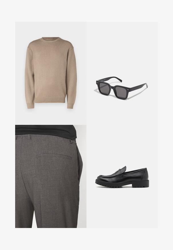 Mustat ylisuuret takki, jossa on lovettu kaulus, kaksi nappia ja kolmanneksen pituiset hihat; valmistettu teksturoidusta kankaasta, jossa on sileä sisävuori.; Vaaleanbeige neulepusero, jossa on pyöreä kaula-aukko, pitkät hihat sekä ribbauskut ja helma; sileä pinta ja tasainen kuosi.; Harmaat räätälöidyt housut, joissa on sileä pinta, yhden takataskun ja slim fit -muotoilu. Kankaassa on hienovarainen kuvio.; Mustat nahkakengät, joissa on pyöreä varvas, kenkien helposti liukuvat mallit ja paksu kumipohja, jossa on teksturoitu pito. Korotettu kanta ja hillityt ompeluyksityiskohdat.; Mustat suorakulmaiset aurinkolasit tummilla linsseillä, joissa on paksu kehys, hienovaraiset yksityiskohdat sivuilla, eikä näkyviä logoja brändin nimen lisäksi.; Kankaan kantokassi vaaleassa beigevärissä, jossa on kaksi tukevata kahvaa, kontrastivalkoinen reunus ja logo "THE NORTH FACE" mustalla etupuolella.