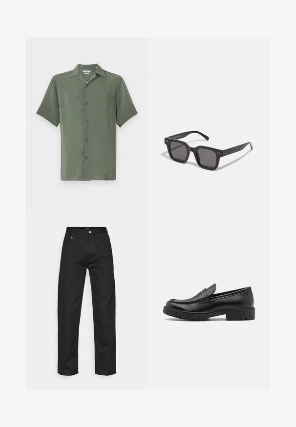 Abrigo negro de gran tamaño con solapas, dos botones y mangas tres cuartos; hecho de una tela texturizada con un forro interior suave.; Camisa de manga corta con botones en un tejido texturizado de color verde oliva, que presenta un collar clásico y cinco botones frontales.; Pantalones vaqueros negros de corte recto, con botones de acento verdes y diseño clásico de cinco bolsillos. Textura suave, estilo clásico.; Mocasines de cuero negro con punta redondeada, diseño sin cordones y suela de goma gruesa con agarre texturizado. Tacón elevado y detalles de costura sutiles.; Gafas de sol rectangulares negras con lentes oscuros, que presentan un marco grueso, acentos sutiles en los lados y sin logotipos visibles más allá del nombre de la marca.; Bolsa de tote negra fabricada en un material duradero, con dos asas largas, correas ajustables y un bolsillo frontal. Superficie texturizada con un marcado mínimo.