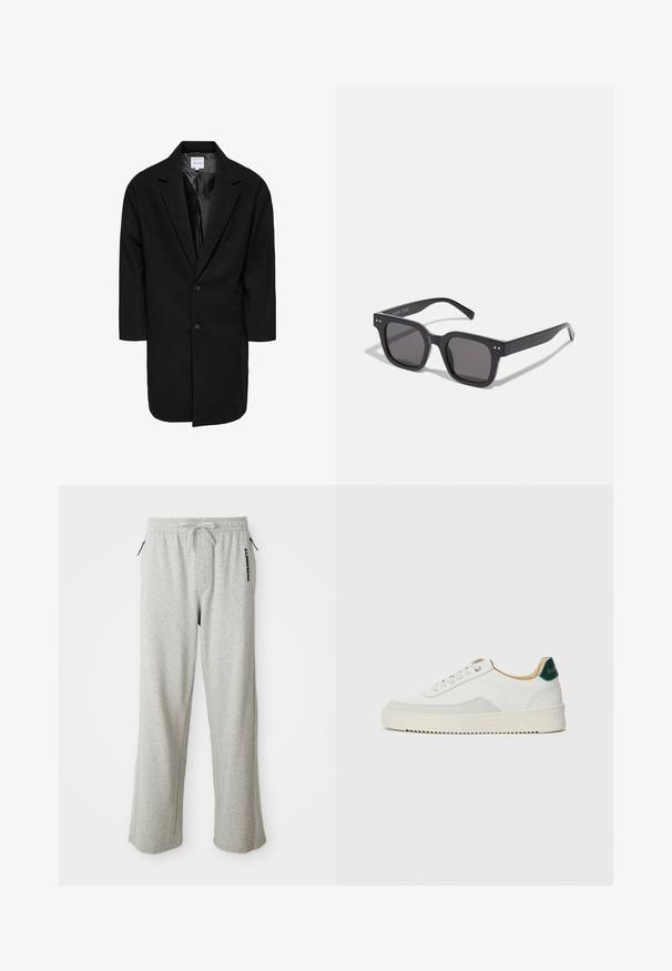Melna pārspīlēta mēteli ar izgrieztiem atlociem, divām pogām un trīs ceturtdaļu piedurknēm; izgatavots no teksturēta auduma ar gludu iekšējo oderi.; Balts kokvilnas T-kreklis ar īsām piedurknēm, apaļu kaklu un brīvu piegriezumu. Iekļauts neliels sānu zīmola aplis. Gluda tekstūra.; Pelēki sporta bikses no mīksta auduma, ar auklu jostas vietā, sānu kabatām un drukātu logo pa kreiso kāju.; Baltas sneakers ar zamša akcentiem, noapaļota purngala, plakaniem auklām un krēmkrāsas gumijas zoli. Ar zaļu zīmolu uz papēža.; Melnas taisnstūra saulesbrilles ar tumšiem stikliem, kuras iezīmē bieza rāmja konstrukcija, diskrēti akcenti sānos, un nav redzamu logo ārpus zīmola nosaukuma.; Persona tur beige Adidas somu maisiņu ar tumši zaļām rokturiem, ģērbusies gaiši pelēkos biksēs un melnās sporta apavās uz zaļa grīdas.