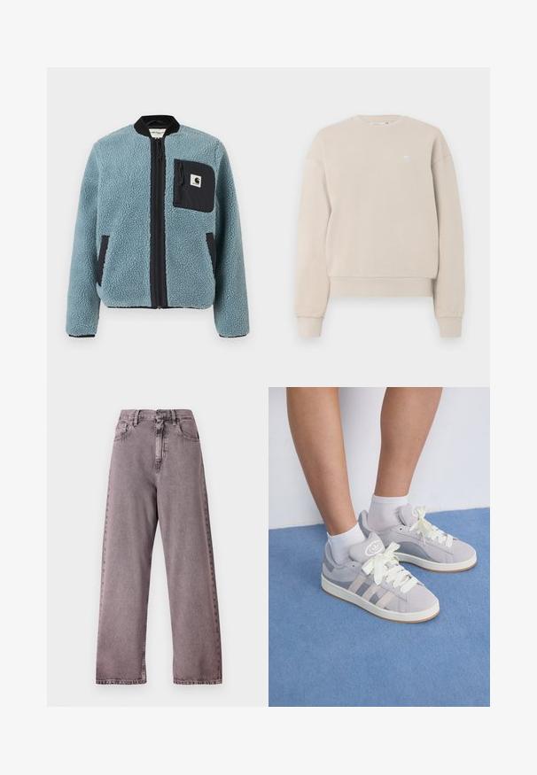Kék bolyhos dzseki struktúrált felülettel, fekete cipzáros zsebekkel, álló gallérral és elülső cipzárral. A mellzseben logós folt található.; Beige színű, gallér nélküli pulóver, pamut keverékből készült, bordázott nyakkal és mandzsettával, a mellrészen egy kis logóval.; Magas derekú, bő szárú farmer világoslila denimből, gombos záródással, öt zsebbel, és diszkrét kopással az varrások mentén.; Szürke velúr sportcipők fehér fűzővel és gumi talppal, az oldalán három ferde csíkkal és a nyelvén logo folttal.