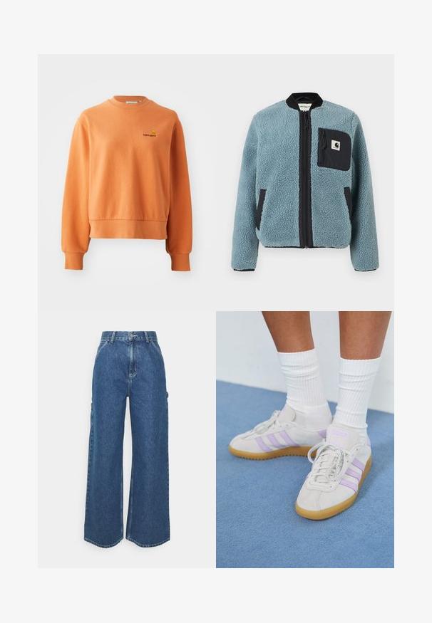 Blue fleece jacket with a textured surface, black zip pockets, standing collar, and front zipper. Features logo patch on chest pocket.; Orange sweatshirt made of soft cotton, featuring a ribbed crew neck, long sleeves, and a small embroidered logo on the chest.; Wide-leg blue denim trousers with a high waist, contrasting stitching, and side pockets, featuring a classic five-pocket design and raw hems.; Light gray suede sneakers with three lilac stripes, gum rubber sole, flat laces, and white ribbed socks. Set against a blue background.