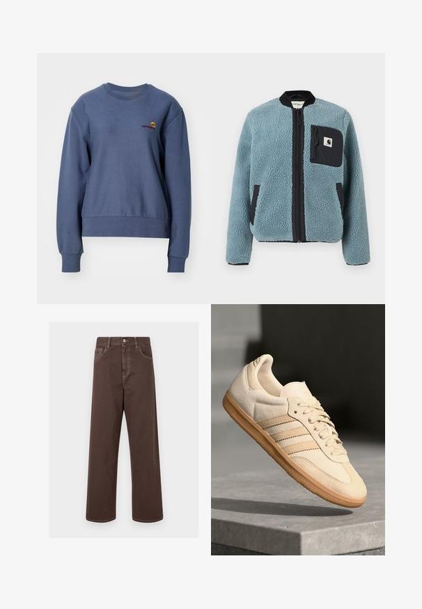 Casaco polar azul com superfície texturizada, bolsos com fecho preto, colarinho alto e fecho frontal. Apresenta um emblema no bolso do peito.; Carhartt WIP AMERICAN SCRIPT - Camisola - positano; Calças de denim largas de cor castanha com costura em contraste, cinco bolsos e fecho de botão metálico. Tecido suave, corte reto.; Sapatilha de camurça bege clara com sola de borracha, três riscas diagonais e uma biqueira texturizada. Apresenta o logótipo na língua e na lateral.
