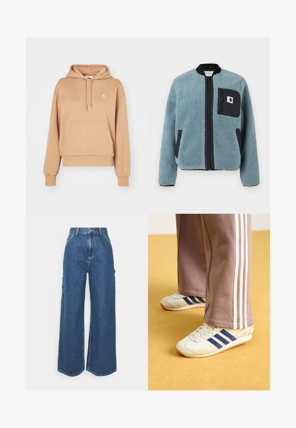 Giacca in pile blu con superficie texturizzata, tasche con zip nere, colletto alto e zip frontale. Presenta una patch con logo sulla tasca del petto.; Carhartt WIP HOODED CASEY - Felpa con cappuccio - peanut/silver; Pantaloni in denim blu a gamba larga con vita alta, cuciture a contrasto e tasche laterali, caratterizzati da un classico design a cinque tasche e orli grezzi.; Sneakers crema con strisce in suede blu, lacci bianchi e suola in gomma. Abbinati a pantaloni sportivi grigi con strisce laterali bianche.