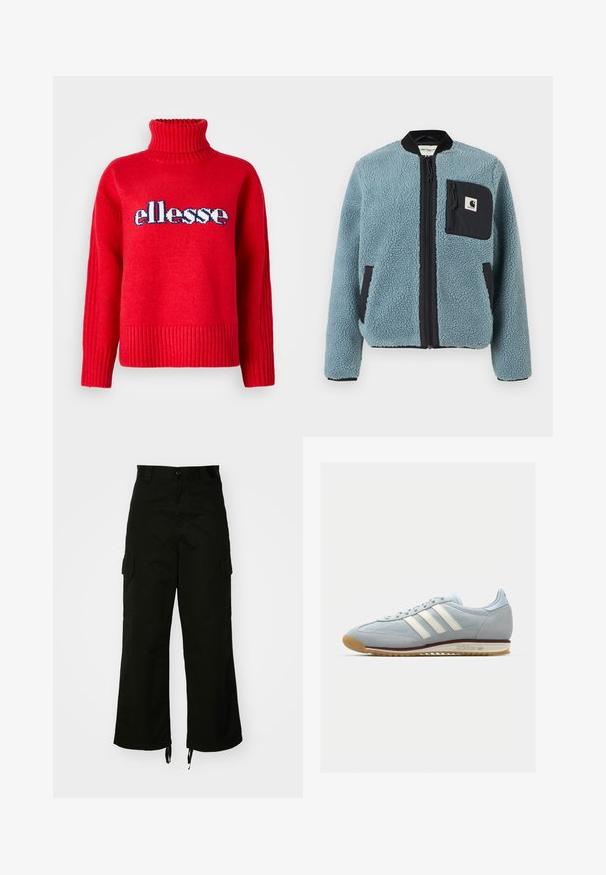 Niebieska polarowa kurtka o teksturowej powierzchni, czarne kieszenie na zamek, stojący kołnierz i zamek błyskawiczny z przodu. Posiada naszywkę z logo na kieszeni na piersi.; Czerwony sweter z dzianiny z wysokim prążkowanym kołnierzem. Posiada poziome prążkowanie na dolnym brzegu i mankietach. Logo "ellesse" jest wyraźnie wyeksponowane w kolorze niebieskim i białym.; Czarne spodnie cargo z bawełny, o szerokich nogawkach, z kieszeniami po bokach i z regulowanym wykończeniem. Projekt zawiera zapięcie na guzik w talii.; Jasnoniebieskie zamszowe sneakersy z białymi trzema paskami, gumową podeszwą i teksturowaną siateczką. Posiadają gładki czubek oraz logo na pięcie.