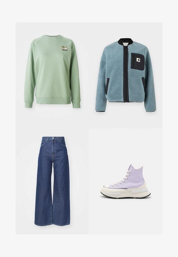Sininen fleece-takki, jossa on teksturoitu pinta, mustat vetoketjulliset taskut, pystykalad ja etuvetoketju. Rinnataskussa logo-patch.; Vihreä collegepaita, jossa on pyöreä kaula-aukko, ribbireunat hihoissa ja helmassa. Oikeassa ylärinnassa pieni kukkakuva. Näyttää sileältä.; Yleiset jalat farkut, jotka on valmistettu tummansinisestä denimmästä. Korkea vyötärö, jossa on vetoketjukiinnitys ja nappisuljenta. Ominaisuuksia ovat klassinen viiden taskun muotoilu ja viimeistellyt reuna.; Korkeat tennarit vaaleanliilasta kankaan materiaalista. Paksu valkoinen välipohja ja musta ulkopohja. Ominaisuuksiin kuuluu pyöreä kärki ja beige nauhat. Minimalistinen muotoilu.