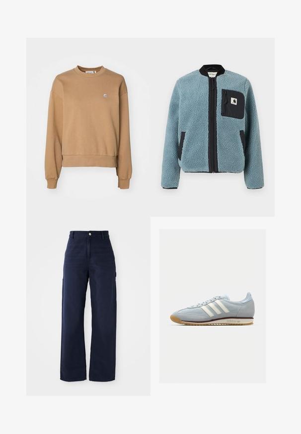 Blue fleece jacket with a textured surface, black zip pockets, standing collar, and front zipper. Features logo patch on chest pocket.; Carhartt WIP CASEY - Sweatshirt - peanut/silver; Navy blue wide-leg cargo pants with a sturdy cotton fabric, featuring side pockets and a button closure at the waist.; Light blue suede sneaker with white three stripes, rubber sole, and textured mesh. Features a smooth toe cap and branding on the heel.