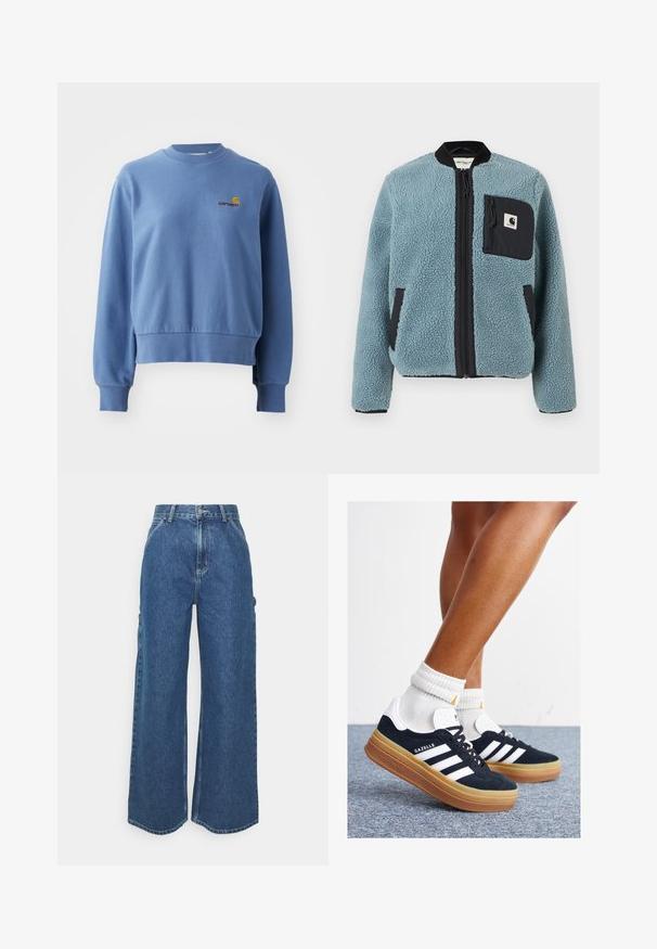 Mėlyna fliso striukė su tekstūruota paviršiumi, juodomis užtrauktukų kišenėmis, stovinčiu apykakle ir priekiniais užtrauktukais. Ant krūtinės kišenės yra logotipo pleistras.; Mėlynas medvilninis džemperis su gumbiniais rankogaliais ir apatine dalimi. Yra mažas siuvinėtasis logotipas ant krūtinės. Apvalus iškirpimas, laisvas kirpimas.; Plačios mėlynos džinsinės kelnes su aukštu juosmeniu, kontrastingais siūlais ir šoninėmis kišenėmis, turinčios klasikinį penkių kišenių dizainą ir brutalius kraštus.; Juodi zomšiniai sportbačiai su baltais dryžiais ir akcentais, apvalios nosies, guminio, gumos pado, derinami su baltais raitytais vidutinio ilgio kojinaitėmis.