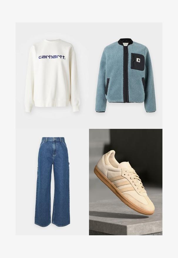 Zils flīsa jaka ar teksturētu virsmu, melnām rāvējslēdzēju kabatām, stāvošu apkakli un priekšējo rāvējslēdzēju. Iekļauj logotipa uzlādes kabatā uz krūtīm.; Balts kokvilnas džemperis ar garām piedurknēm un ribinātām maliņām, ar "carhartt" logotipu tumši zila krāsā uz krūtīm.; Platleņķa zili džinsi ar augstu jostasvietu, kontrastējošām šuvēm un sānu kabatām, ar klasisku piecu kabatu dizainu un neapstrādātiem malām.; Gaišbeige zamšas sneakeris ar gumijas zoli, trim diagonālām svītrām un teksturētu purngali. Uz mēles un sānos ir redzams logotips.