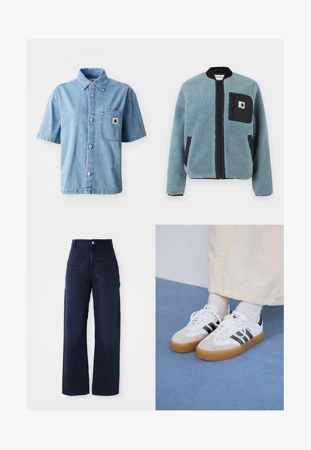 Blå fleecejacka med texturerad yta, svarta blixtlåsfickor, ståkrage och framfickzipp. Har logotypapplikation på bröstfickan.; Kortärmad denimskjorta i ljusblått, med knäppning fram, spetsig krage, en bröstficka och metallknappar.; Marinblå vida cargobyxor i kraftig bomull, med sidofickor och knäppning i midjan.; Vita sneakers med svarta ränder och beige mockadetaljer. Har en texturerad gummisul och platta vita skosnören, bärs med ljusa strumpor.