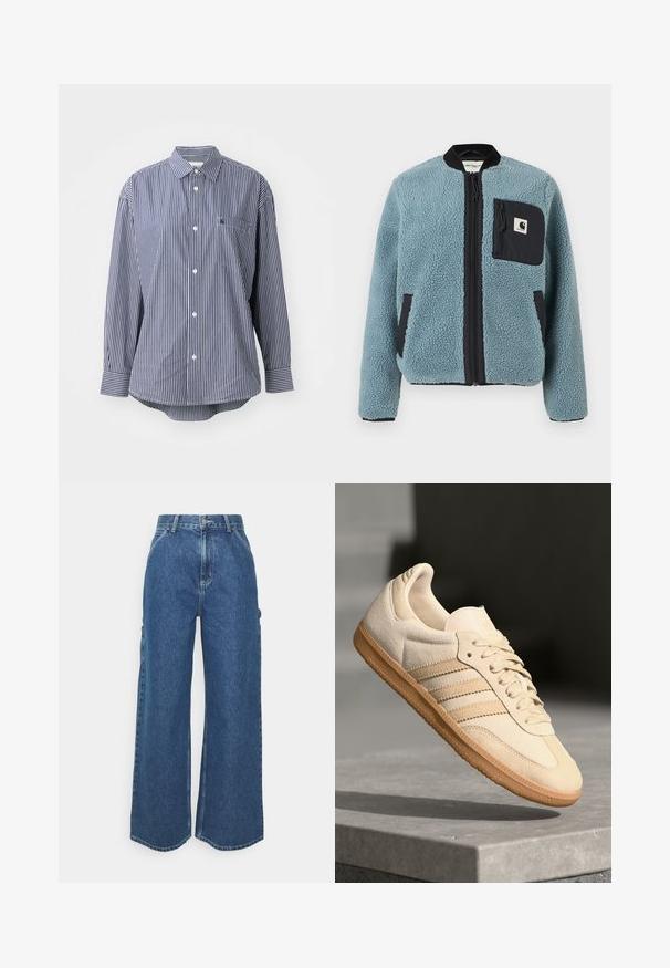 Modrá fleecová bunda s texturovaným povrchem, černými zipovými kapsami, stojatým límcem a předním zipem. Obsahuje nášivku loga na kapsičce na hrudi.; Námořnické a bílé pruhované košile s dlouhým rukávem, klasickým límcem, přední kapsou a zapínáním na knoflík. Měkká tkanina s hladkým povrchem.; Široké modré džíny s vysokým pasem, kontrastním šitím a postranními kapsami, které mají klasický design s pěti kapsami a rozstřižené lemy.; Světlé béžové semišové tenisky s gumovou podrážkou, třemi diagonálními pruhy a texturovanou špičkou. Na jazyku a boku se nachází logo.