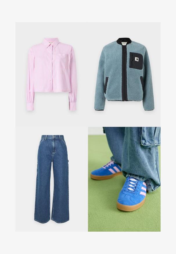 Jachetă din fleece albastru cu o suprafață texturată, buzunare cu fermoar negre, guler în picioare și fermoar frontal. Dispune de o inscripție logo pe buzunarul de la piept.; Cămașă cu mânecă scurtă în roz, cu dungi verticale subțiri în albastru. Are guler și un singur buzunar pe piept, fabricată dintr-un material ușor.; Pantaloni din denim albastru cu talie înaltă și picioare largi, cu o cusătură contrastantă și buzunare laterale, având un design clasic cu cinci buzunare și margini brut.; Pantofi din piele întoarsă albaștri cu dungi roz și șireturi albe, având o talpă din cauciuc gumat, asortați cu pantaloni din denim largi pe o suprafață verde.