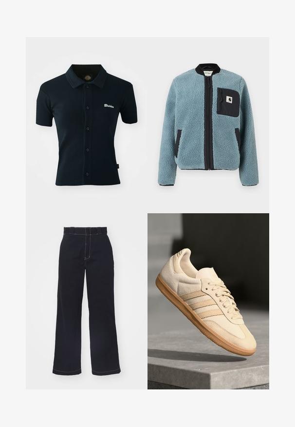 Blue fleece jacket with a textured surface, black zip pockets, standing collar, and front zipper. Features logo patch on chest pocket.; Black polo shirt made of ribbed fabric. Features short sleeves, a collar, and a button placket with a white embroidered logo on the chest.; Dark blue wide-leg pants made of cotton with a high waist, featuring contrasting white stitching and a clean, simple design.; Light beige suede sneaker with gum outsole, three diagonal stripes, and a textured toe cap. Features logo on the tongue and side.