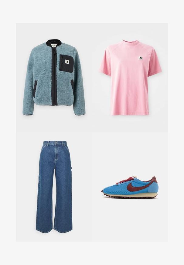 Kék bolyhos dzseki struktúrált felülettel, fekete cipzáros zsebekkel, álló gallérral és elülső cipzárral. A mellzseben logós folt található.; Rózsaszín pamut póló kerek nyakkivágással és rövid ujjal. A bal mellrészen egy kis négyzet alakú logófolt található. Sima textúra.; Széles szárú, kék farmernadrág magas derékkal, kontrasztos varrással és oldalsó zsebekkel, klasszikus öt zsebes kialakítással és nyers szegéllyel.; Kék hálós és velúr cipő bordó részletekkel és fűzőkkel. Jellemzője a texturált szár és egy krémszínű gumitalp kis bogányokkal.