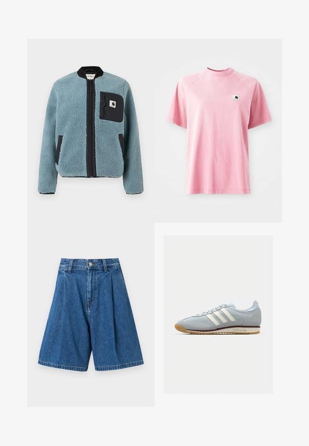 Modrá fleecová bunda s textúrovaným povrchom, čiernymi zipsovými vreckami, stojacim golierom a predným zipsom. Obsahuje logovú nášivku na vrecku na hrudi.; Ružové bavlnené tričko s okrúhlym výstrihom a krátkymi rukávmi. Na ľavej strane hrudníka sa nachádza malá štvorcová nášivka s logom. Hladký povrch.; Modré denimové bermudy s plisovaným predným dielom, vybavené štandardným pásom a gombíkovým zapínaním. Hladká textúra a rovné nohavice.; Svetlomodré semišové tenisky s bielymi tromi pruhmi, gumovou podrážkou a textúrovanou sieťovinou. Majú hladký špic a branding na päte.