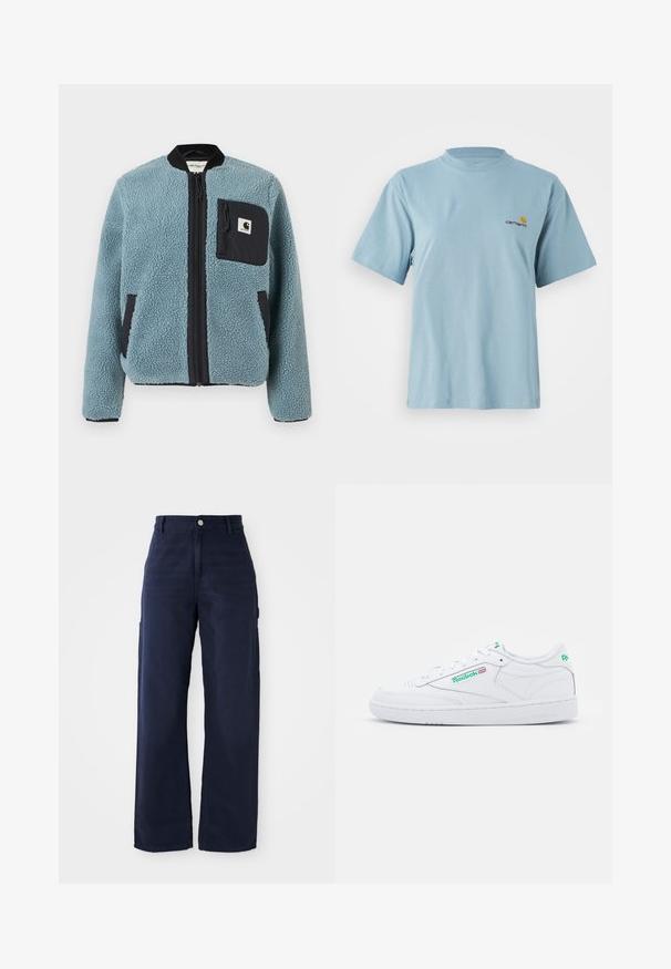 Zils flīsa jaka ar teksturētu virsmu, melnām rāvējslēdzēju kabatām, stāvošu apkakli un priekšējo rāvējslēdzēju. Iekļauj logotipa uzlādes kabatā uz krūtīm.; Gaiši zils īsām piedurknēm kokvilnas T-krekls ar apaļu kaklu un mazu dzeltenu un sarkanu Carhartt logotipu uz kreisā krūtī.; Jūras zilas platās kājas kravas bikses, izgatavotas no izturīgas kokvilnas auduma, ar sānu kabatām un pogu aizdari viduklī.; Baltas ādas sporta apavi ar mīkstu apkakli, apaļu purngalu, perforētām paneļām, plakanu šņorēšanu un zaļiem akcentiem uz zīmola un papēža. Gumijas zole.