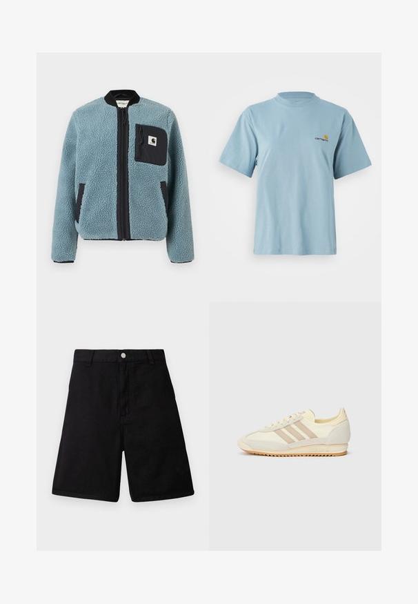 Zils flīsa jaka ar teksturētu virsmu, melnām rāvējslēdzēju kabatām, stāvošu apkakli un priekšējo rāvējslēdzēju. Iekļauj logotipa uzlādes kabatā uz krūtīm.; Gaiši zils īsām piedurknēm kokvilnas T-krekls ar apaļu kaklu un mazu dzeltenu un sarkanu Carhartt logotipu uz kreisā krūtī.; Melni šorti, izgatavoti no izturīgas auduma, ar taisnu griezumu, priekšējiem kabatām, rāvējslēdzēja stiegrojumu un metāla pogu aizdari.; Krēma krāsas sporta apavi ar trim beiga joslām, izgatavoti no zamša un tekstila materiāliem, ar fakturētu zoli un iegravētu zīmolu uz papēža.