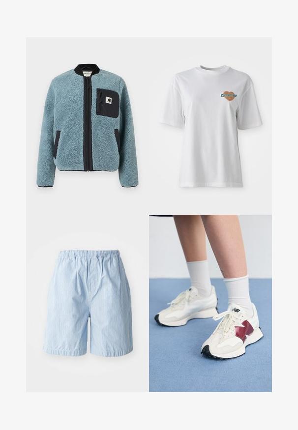 Blå fleecejakke med en tekstureret overflade, sorte lynlås lommer, opretstående krave og front lynlås. Har logo-patch på brystlommen.; Carhartt WIP GROWTH - T-shirts print - white stone washed; Lysblå shorts lavet af stof med lodrette striber. Elastisk talje og opsmøgte kanter, der fremhæver en enkel, afslappet stil.; Et par hvide sneakers med maroon detaljer, strukturerede paneler, flad sort sål og lyse snørebånd, båret med hvide ankelstrømper.