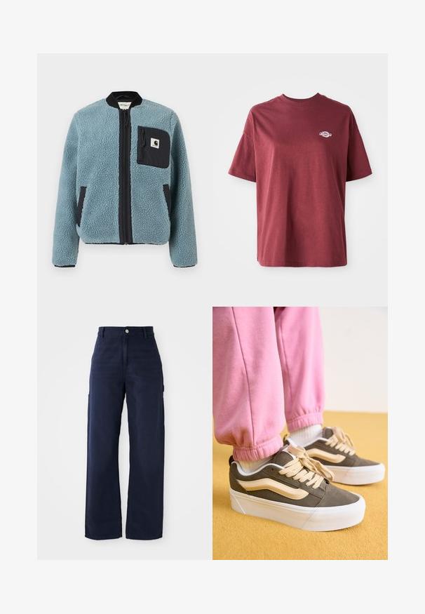 Blue fleece jacket with a textured surface, black zip pockets, standing collar, and front zipper. Features logo patch on chest pocket.; Maroon cotton t-shirt with a crew neckline, short sleeves, and a small white logo on the left chest area. Smooth texture, relaxed fit.; Navy blue wide-leg cargo pants with a sturdy cotton fabric, featuring side pockets and a button closure at the waist.; Sneakers with olive green suede upper, cream accents, and a thick white sole. Paired with pink cuffed sweatpants, standing on a yellow surface.