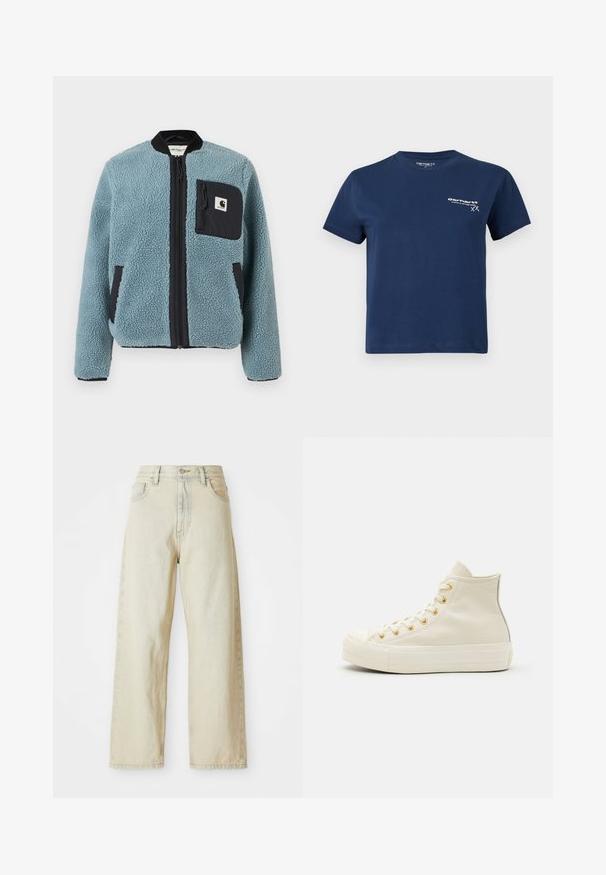 Sinine fliisjakk tekstuuriga pinnaga, mustade lukuga taskud, seisva kaelusega ja ees lukuga. Rindade taskul on logoapplikatsioon.; Tumesinine puuvillane T-särk lühikeste varrukatega, ümara kaelusega ja valge logo trükiga vasakul ees. Lihtne disain, sile tekstuur.; Laia teksaarid heledas beežis, ees taskutega, kõrge vöökohaga ning peente õmbluste detailidega. Valmistatud tekstureeritud teksariidest.; Kreemist nahast kõrged spordijalatsid, millel on kullast silmad ja tekstuuriga viimistlus. Omab kummist tallat ja ümarat varvast.