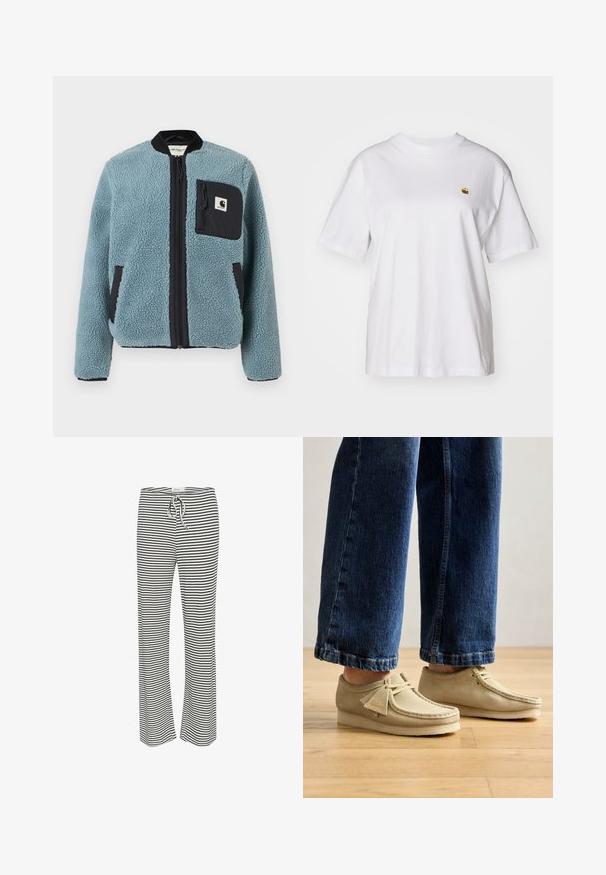 Modrá fleecová bunda s textúrovaným povrchom, čiernymi zipsovými vreckami, stojacim golierom a predným zipsom. Obsahuje logovú nášivku na vrecku na hrudi.; Biely bavlnený tričko s voľným strihom, krátkymi rukávmi a malým vyšitým logom na ľavej strane hrude.; Karen by Simonsen CANDACE - Nohavice - egret meteorite stripe; Béžové semišové topánky s kulatými špičkami a nízkym profilom. Vybavené šnurovacím dizajnom a vyšitými detailmi. Nosené s skrátenými modrými džínami.