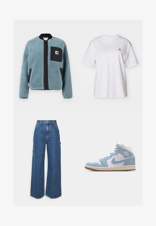 Blå fleecejakke med en teksturert overflate, svarte glidelåslommer, stående krage og frontglidelås. Har logopatch på brystlommen.; Hvit bomulls t-skjorte med avslappet passform, korte ermer og en liten brodert logo på venstre brystområde.; Videbeinete blå denimbukser med høy midje, kontraststing, og sidelommer, med et klassisk fem-lommers design og rå kanter.; Jordan AIR JORDAN 1 MID SE - Høye joggesko - white/worn blue/sail/light brown