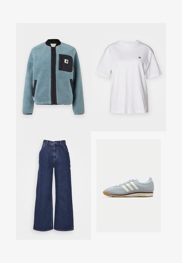 Μπλε φλις ζακέτα με υφή επιφάνειας, μαύρους φερμουάρ τσέπες, όρθιο γιακά και μπροστινό φερμουάρ. Διαθέτει ρέλι με το λογότυπο στη τσέπη του στήθους.; Λευκό βαμβακερό μπλουζάκι με χαλαρή εφαρμογή, κοντά μανίκια, και ένα μικρό κεντητό λογότυπο στην αριστερή περιοχή του στήθους.; Τζιν παντελόνι με φαρδιά πόδια σε σκούρο μπλε χρώμα, με ψηλή μέση, μπροστινές τσέπες και φερμουάρ με μεταλλικό κουμπί. Λείος υφή και κλασικός σχεδιασμός.; Φωτεινό μπλε σουέτ παπούτσι αθλήματος με τρία λευκά λωρίδες, καουτσούκ σόλα και υφή πλέγματος. Διαθέτει ομαλή μύτη και επωνυμία στην φτέρνα.