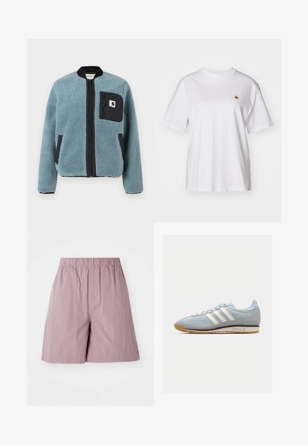 Modrá fleecová bunda s textúrovaným povrchom, čiernymi zipsovými vreckami, stojacim golierom a predným zipsom. Obsahuje logovú nášivku na vrecku na hrudi.; Biely bavlnený tričko s voľným strihom, krátkymi rukávmi a malým vyšitým logom na ľavej strane hrude.; Svetloružové šortky z texturovanej tkaniny s elastickým pásom a rovnými nohavicami. Majú jemný vzor a čistý lem.; Svetlomodré semišové tenisky s bielymi tromi pruhmi, gumovou podrážkou a textúrovanou sieťovinou. Majú hladký špic a branding na päte.