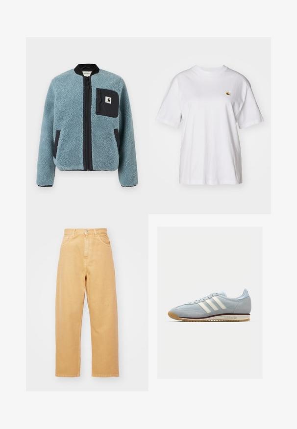 Blue fleece jacket with a textured surface, black zip pockets, standing collar, and front zipper. Features logo patch on chest pocket.; White cotton t-shirt with a relaxed fit, short sleeves, and a small embroidered logo on the left chest area.; Carhartt WIP BRANDON PANT - Relaxed fit jeans - bourbon; Light blue suede sneaker with white three stripes, rubber sole, and textured mesh. Features a smooth toe cap and branding on the heel.