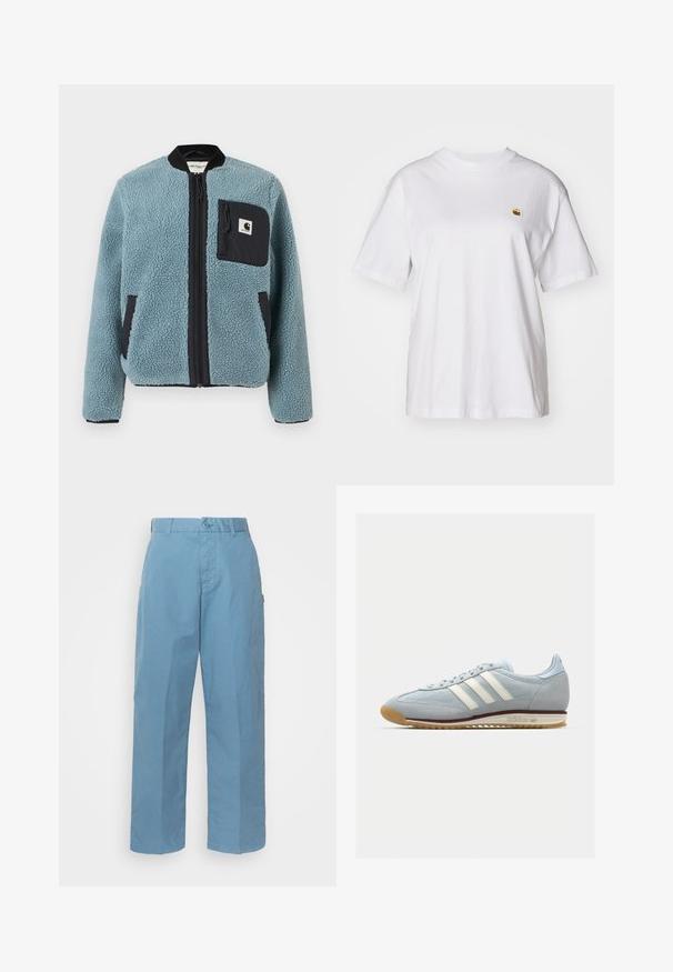 Chaqueta de forro polar azul con una superficie texturizada, bolsillos con cremallera negros, cuello alto y cremallera frontal. Presenta un parche con el logo en el bolsillo del pecho.; Camisa de algodón blanca con corte relajado, mangas cortas y un pequeño logotipo bordado en el área del pecho izquierdo.; Pantalones de algodón de color azul claro con un diseño de pierna recta, que cuentan con un cierre de botón, pasadores de cinturón y una textura sutil.; Zapatilla de ante azul claro con tres rayas blancas, suela de goma y malla texturizada. Presenta una puntera lisa y un logotipo en el talón.