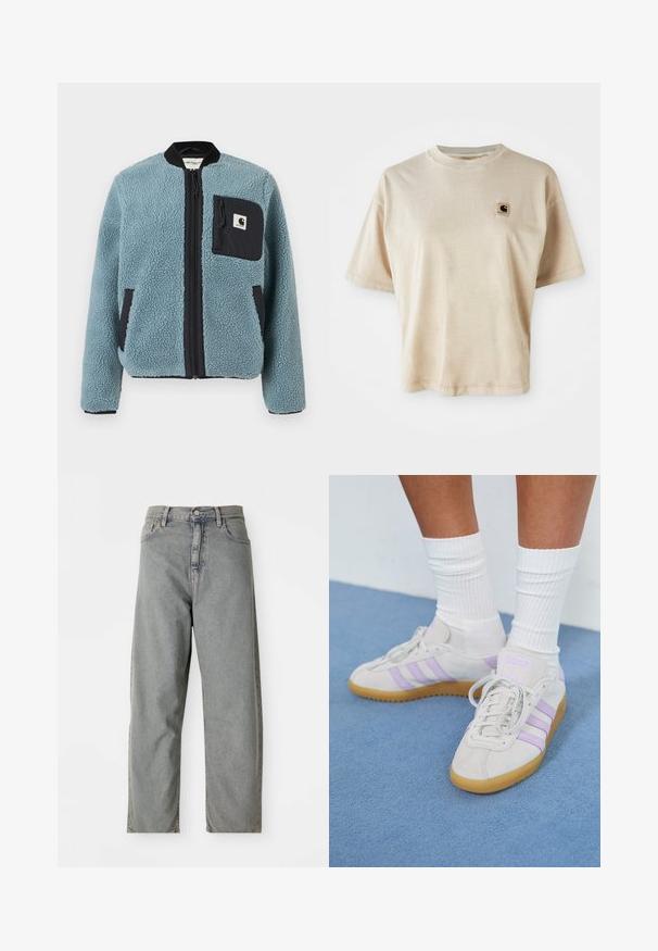 Zils flīsa jaka ar teksturētu virsmu, melnām rāvējslēdzēju kabatām, stāvošu apkakli un priekšējo rāvējslēdzēju. Iekļauj logotipa uzlādes kabatā uz krūtīm.; Bēšas kokvilnas T-krekls ar brīvu piegriezumu, apaļu kakla izgriezumu, īsām piedurknēm un mazu kvadrātveida logotipa uzlīmi kreisajā krūšu pusē.; Gai pelēku džinsu bikses ar taisnu kāju dizainu, ar priekšējo pogu aizdari, piecām kabatām un izsmalcinātu izbalējumu.; Gai pelēki zamšādas sporta apavi ar trim lilā svītrām, gumijas zole, plakano šņorēšanu un baltām ribotajām zeķēm. Fons ir zils.