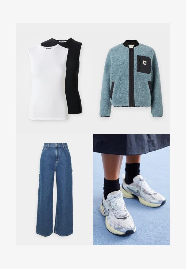 Blå fleecejakke med en teksturert overflate, svarte glidelåslommer, stående krage og frontglidelås. Har logopatch på brystlommen.; To skjortetopper uten ermer i hvit og svart. De har høy hals og slim fit-design. Stoffet er mykt og elastisk. Merkeetikett synlig.; Videbeinete blå denimbukser med høy midje, kontraststing, og sidelommer, med et klassisk fem-lommers design og rå kanter.; Hvite og sølv Nike-sneakers med mesh-stoff, reflekterende detaljer, og en beige såle. Brukt med svarte sokker, stående på en blå overflate.