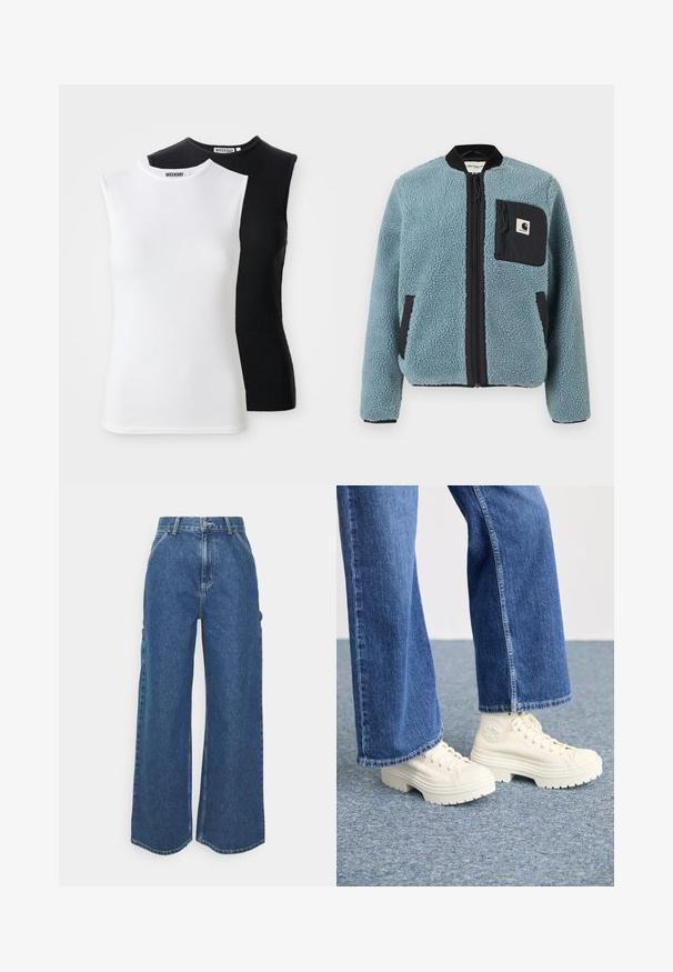 Blaue Fleecejacke mit strukturierter Oberfläche, schwarzen Reißverschlusstaschen, Stehkragen und Frontreißverschluss. Mit Logo-Patch auf der Brusttasche.; Zwei ärmellose, gerippte Tops in Weiß und Schwarz. Mit einem hohen Kragen und einem figurbetonten Design. Der Stoff ist weich und dehnbar. Markenlabel sichtbar.; Weite blaue Denim-Hosen mit hoher Taille, kontrastierenden Nähten und Seitentaschen, ausgestattet mit einem klassischen Five-Pocket-Design und rohen Säumen.; Weiße High-Top-Sneaker mit dicken, geriffelten Sohlen und kreisförmigem Logodetail, getragen mit hellblauen, weit geschnittenen Jeans.